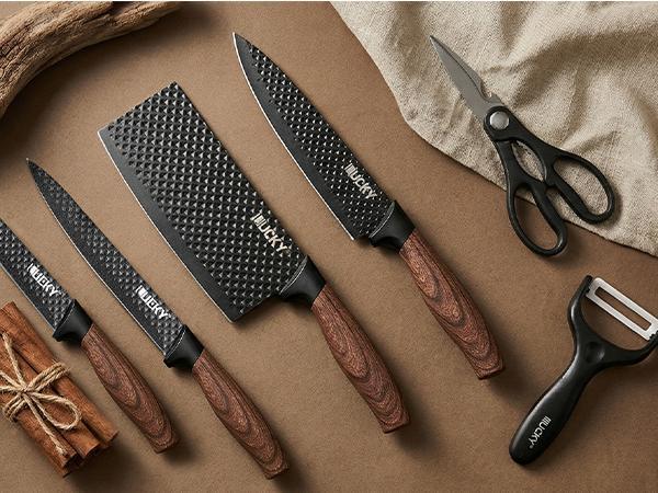 Professional 6 Kitchen Knife Set, Chef's Knife, Slicing Knife, Scraper And Scissors, High Carbon Stainless Steel Super Sharp, with Anti-stick Ergonomic Wooden Handle, Chef's Knife Set, Suitable for Family Travel, Gift Box Set