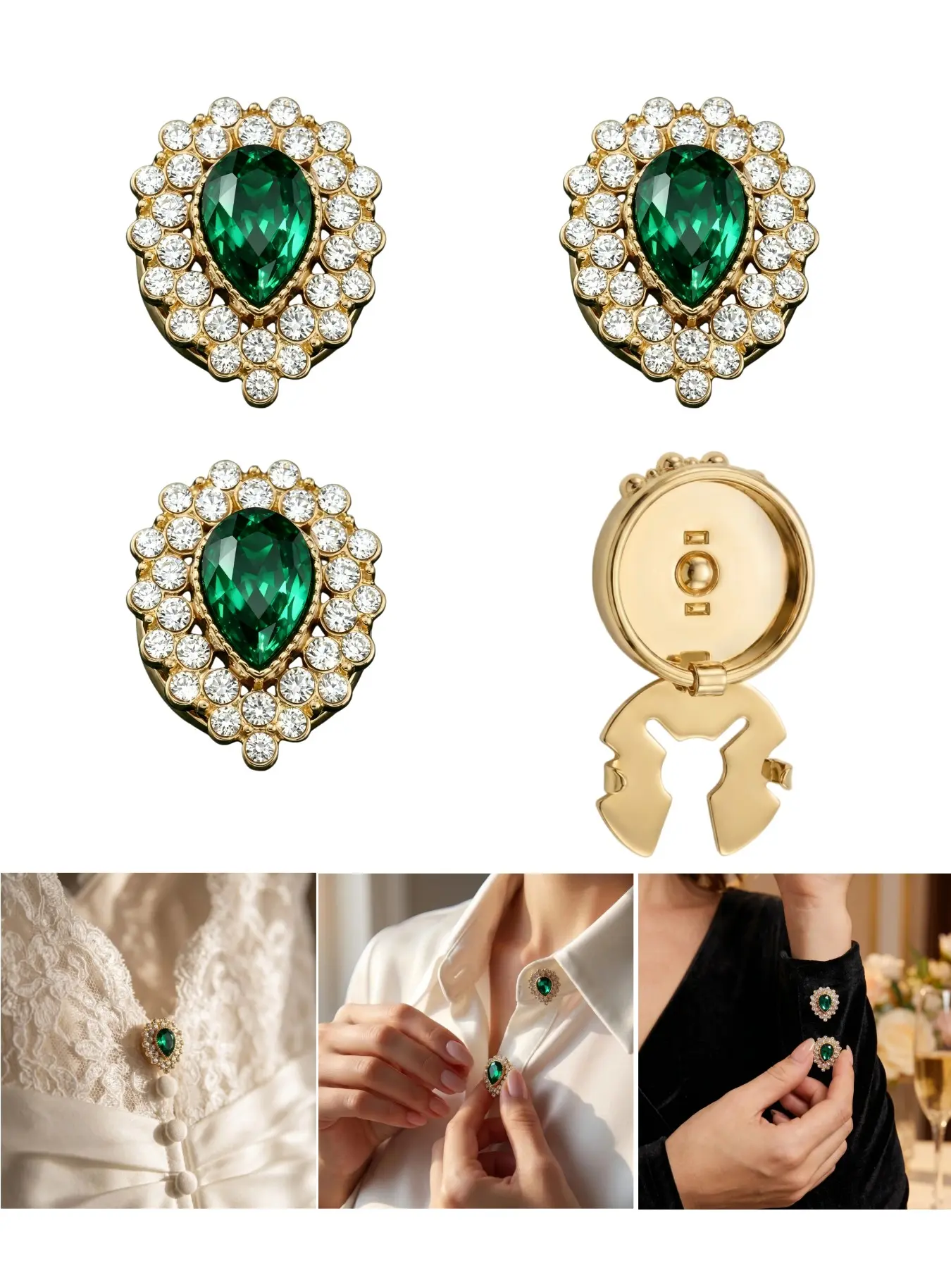4PCS Emerald Teardrop Button Covers with Rhinestone Design, Clip-On Shirt Button Covers, Detachable Reusable Cuff Button Accessories, DIY Fashion Clothing Decorations for Shirts, Pants, Skirts and Holiday Outfits, Holiday Gift Idea