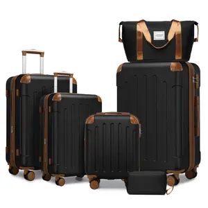 Black 6-Piece Set Hardside Expandable Luggage with Spinner Wheels, TSA Lock, Multi-Size Rolling Suitcases, Matching Duffel Bags & Zipperless Double Backpack Cabin Bag - 28'' Large Synthetic Geometric Design for Family Vacations-0446
