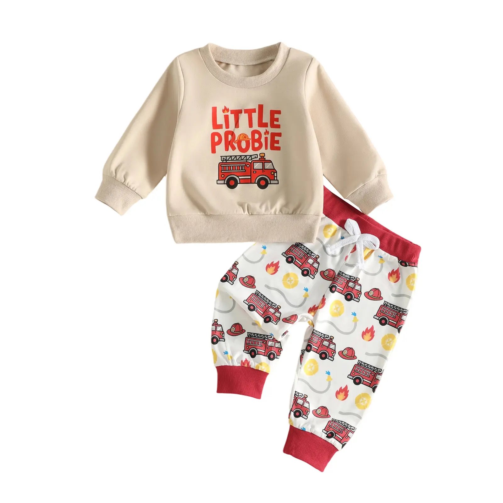 Toddler Baby Little Boy Outfits Fire Engine Print Long Sleeve Pullover Sweatshirt Elastic Pants Set Fall Winter 6M-4T