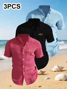 3-Pack Men's Summer Short Sleeve Casual Shirts, Chest Print Design, Lightweight Breathable Solid Stand Collar Button Shirt, Ideal for Beach Poolwear