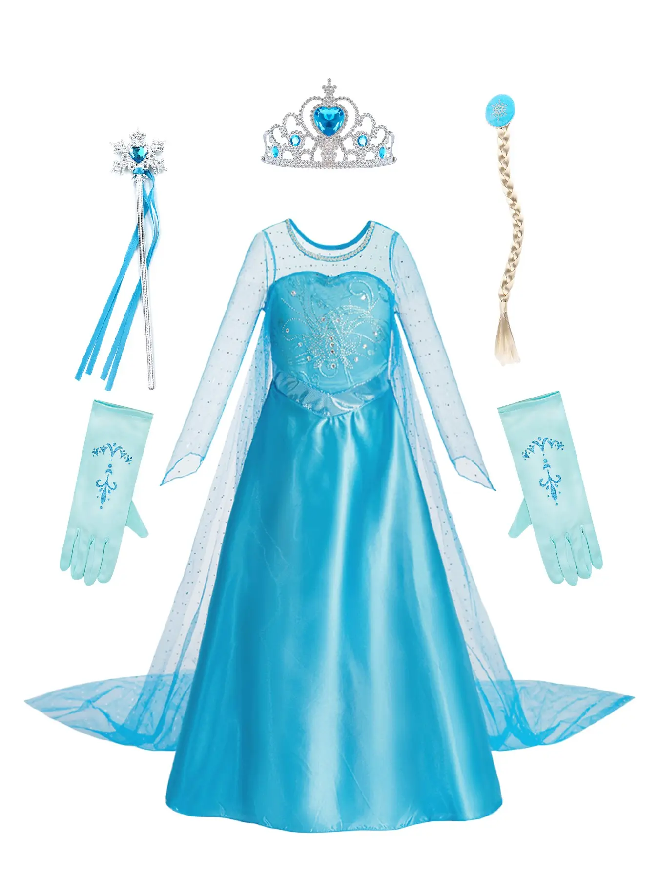 5-Piece Set, Princess Costume, Kids Ice Blue Mesh Splice Princess Dress, Rhinestone Snowflake Decor Sheer Long Sleeve Tulle Train Cape, Gift Box Outfit with Heart Tiara Wand Braid Wig Embroidery Gloves, Family Birthday Party