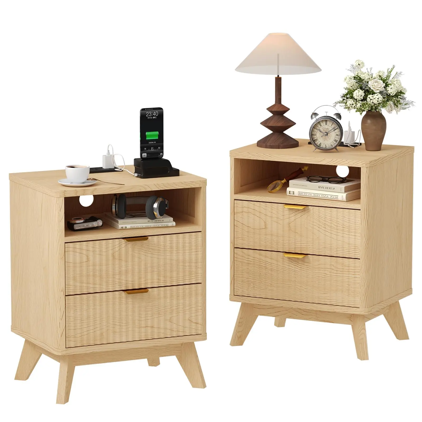 Garvee Modern Fluted Nightstand Set of 2 with USB Charging Station & Outlets, Wood Bedside Table with 2 Drawers and Open Shelf, End Table for Bedroom, Living Room, Apartment