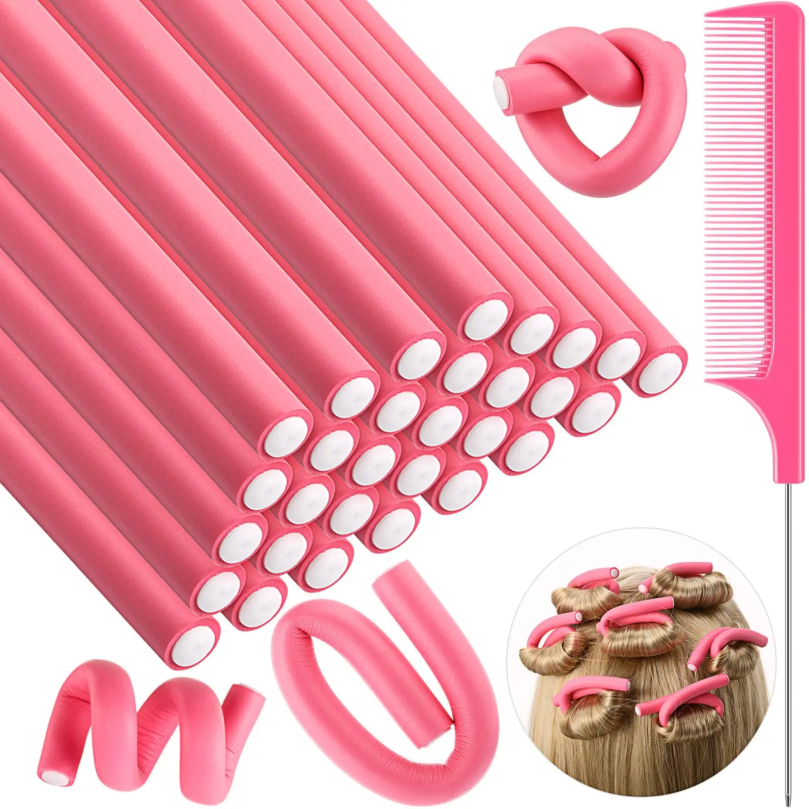 30 Pcs Flexible Curling Rods Twist Foam Hair Rollers Soft Foam No Heat Hair Rods Rollers and 1 Steel Pintail Comb Rat Tail Comb for Women Long Short Hair，Pink, Heatless Hair Curlers
