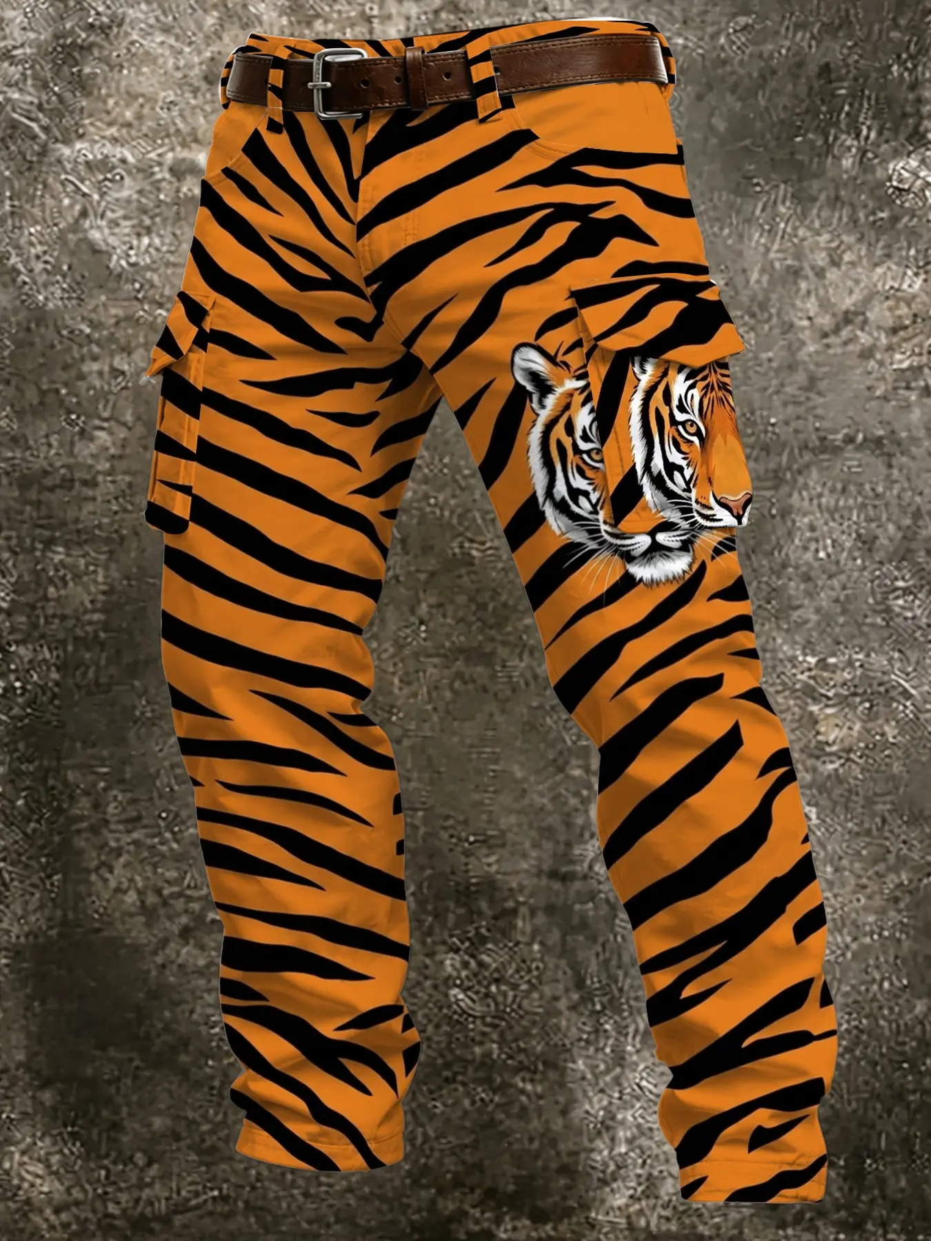 Tiger Pattern Tiger Head Print Multi-Pocket Work Pants, American Wild High Street Men's Loose Fit Functional Casual Pants