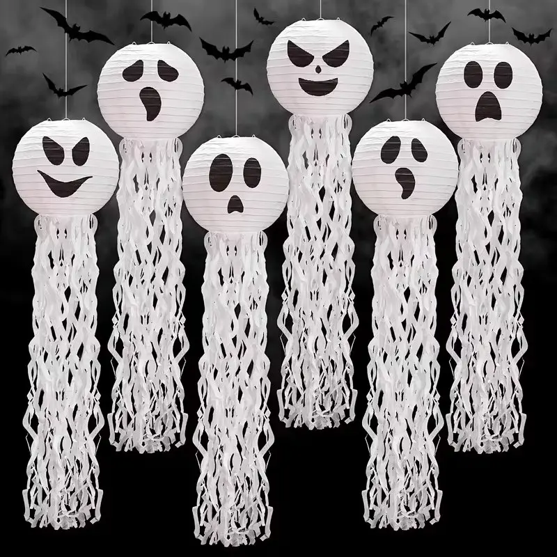 6pcs Halloween Paper Lanterns, Funny Lanterns with Tassel, Spooky Hanging Decorations, Indoor Outdoor Party Decor