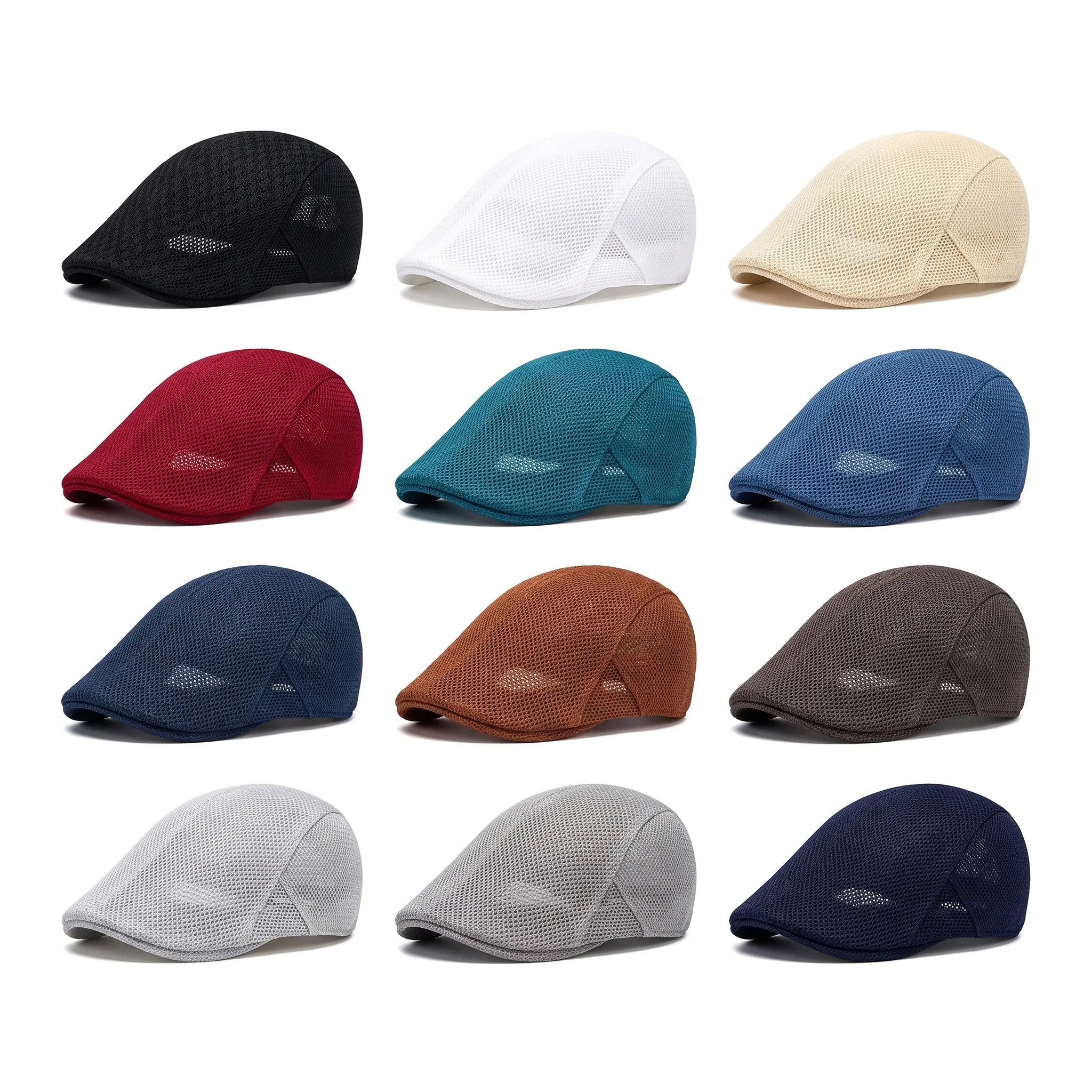 Middle-aged and elderly breathable summer beret lightweight hollow mesh sun hat adjustable foldable solid color unisex outdoor walking travel daily wear soft and comfortable sun hat