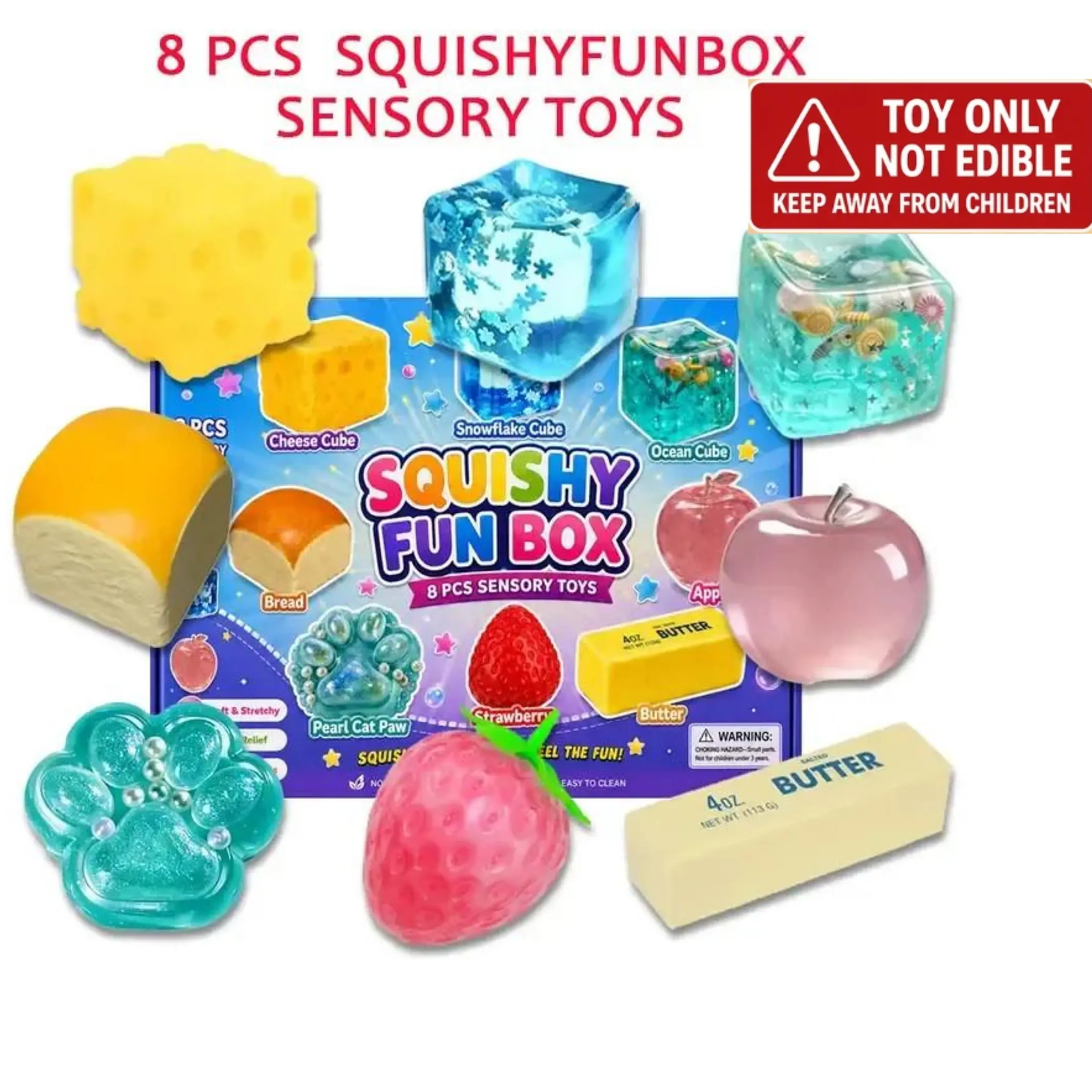 8-Piece Set Box Malt Sugar Stress Relief Fidget Toys, Sensory Squishies Bundle, Creative Slow-Return Squishy, Party Gift, 8 Different Styles