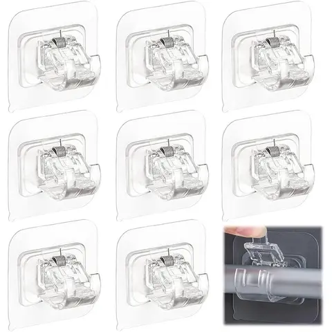8pcs ABS+Stainless Steel Smooth Plastic-Ceramic Curtain Rod Brackets - 8 Transparent, Water-Proof Wall Hanging Fastener, No-Drilling Nail-Free Self-Adhesive with Tape, Removable Sturdy Hooks for Home Bathroom (Fits Glass/Tiles/Marble, Easy Installation)