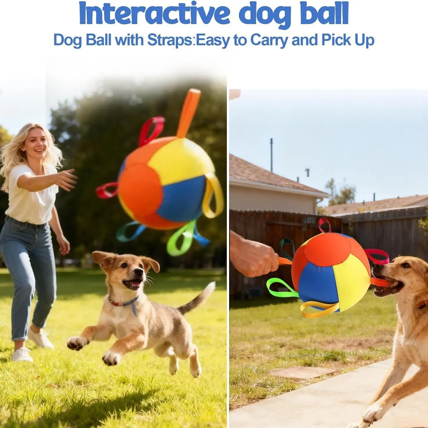 Durable Inflatable Dog Play Ball, Fabric Interactive Tug Toy Ball with Multiple Ribbon Handles, Outdoor Entertainment Chew Toy for Small Medium Dogs