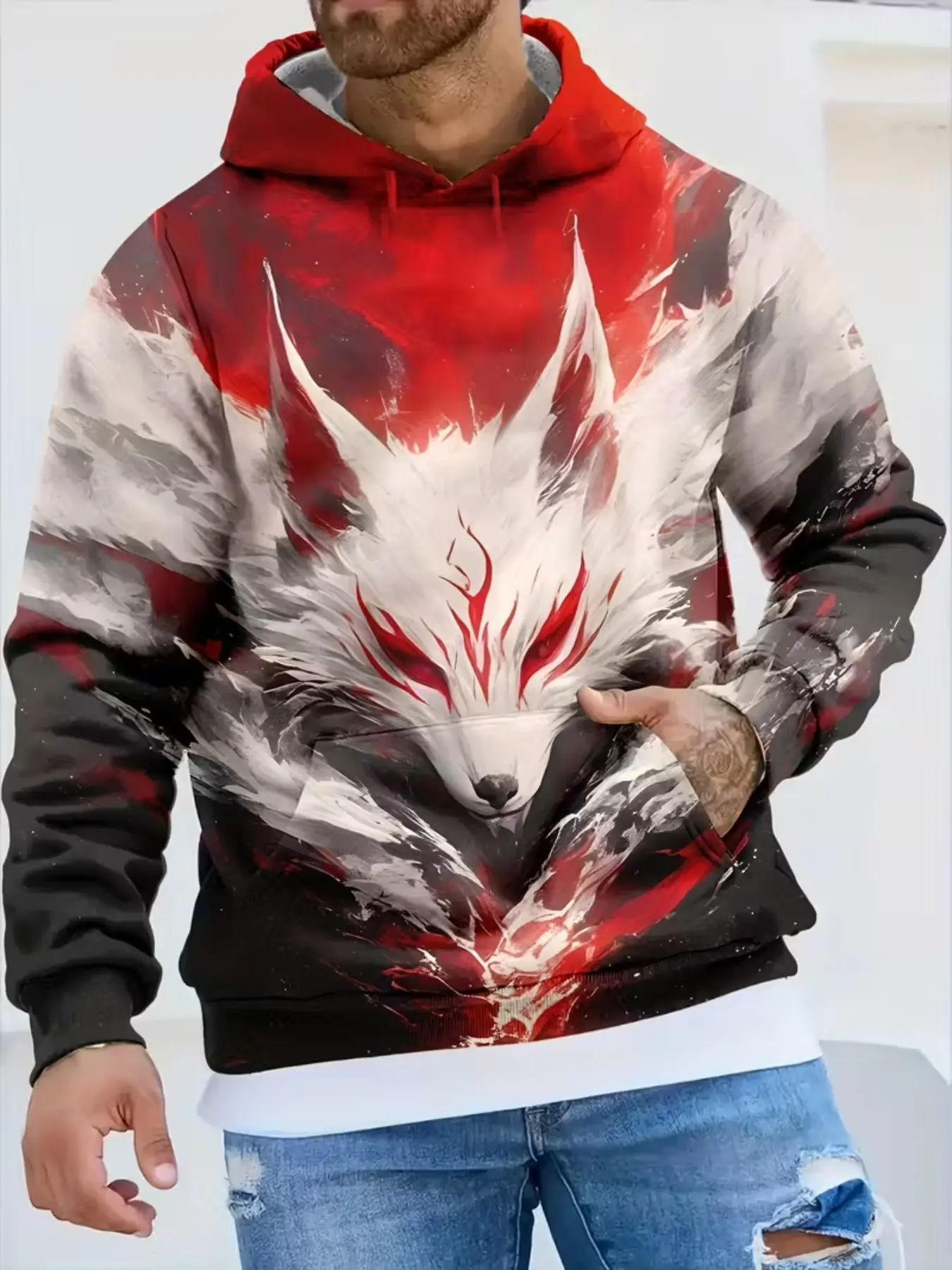Fox Pattern Hooded Sweatshirt, Unisex Casual Pullover, Long Sleeve Graphic Design, Fall & Winter Fashion Outerwear