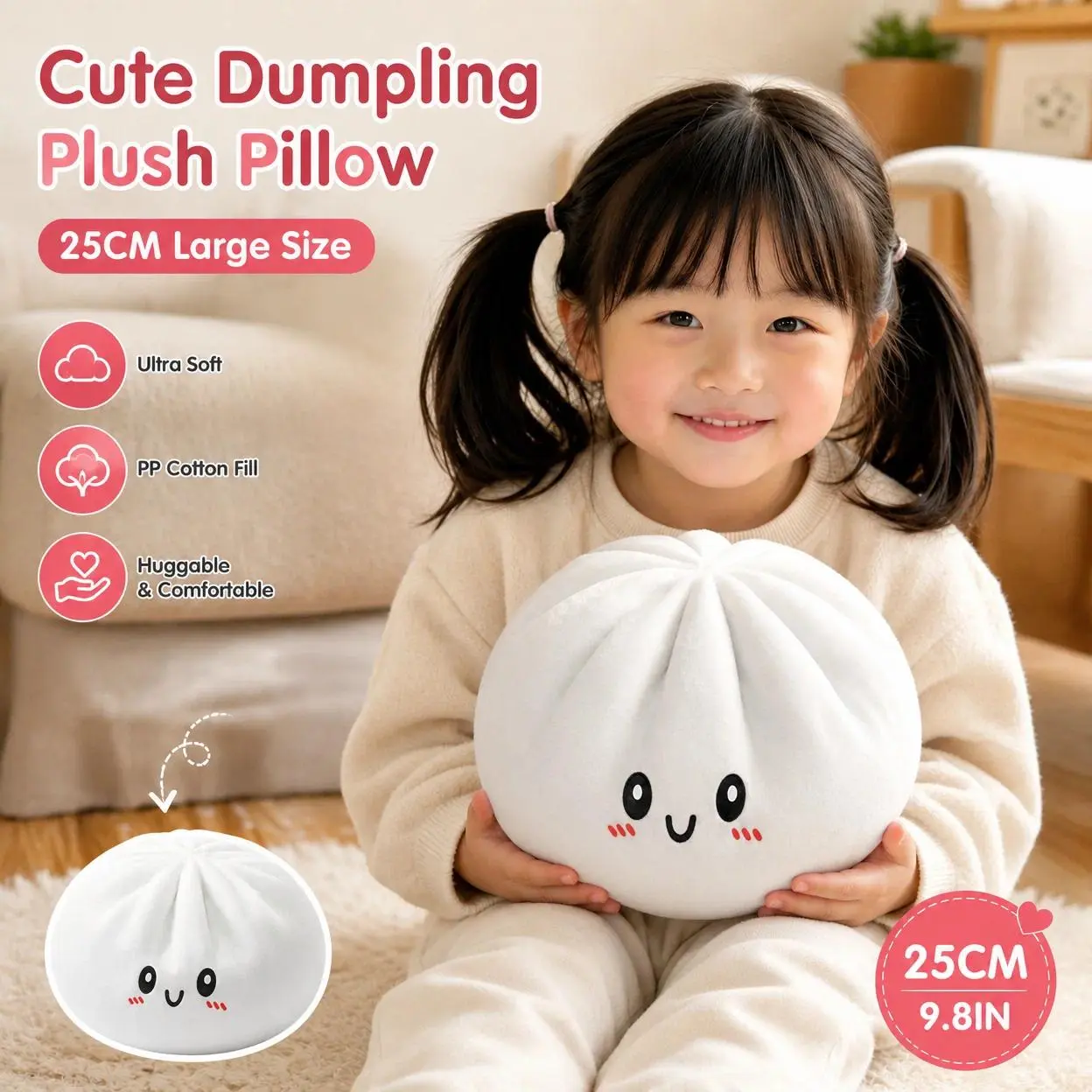 Cute Giant Dumpling Squishy Plush Toy Soft Stuffed Bun Pillow Adorable Face Stress Relief Toy Creative Squeeze Toy For Kids Gift Dumpling Squishie