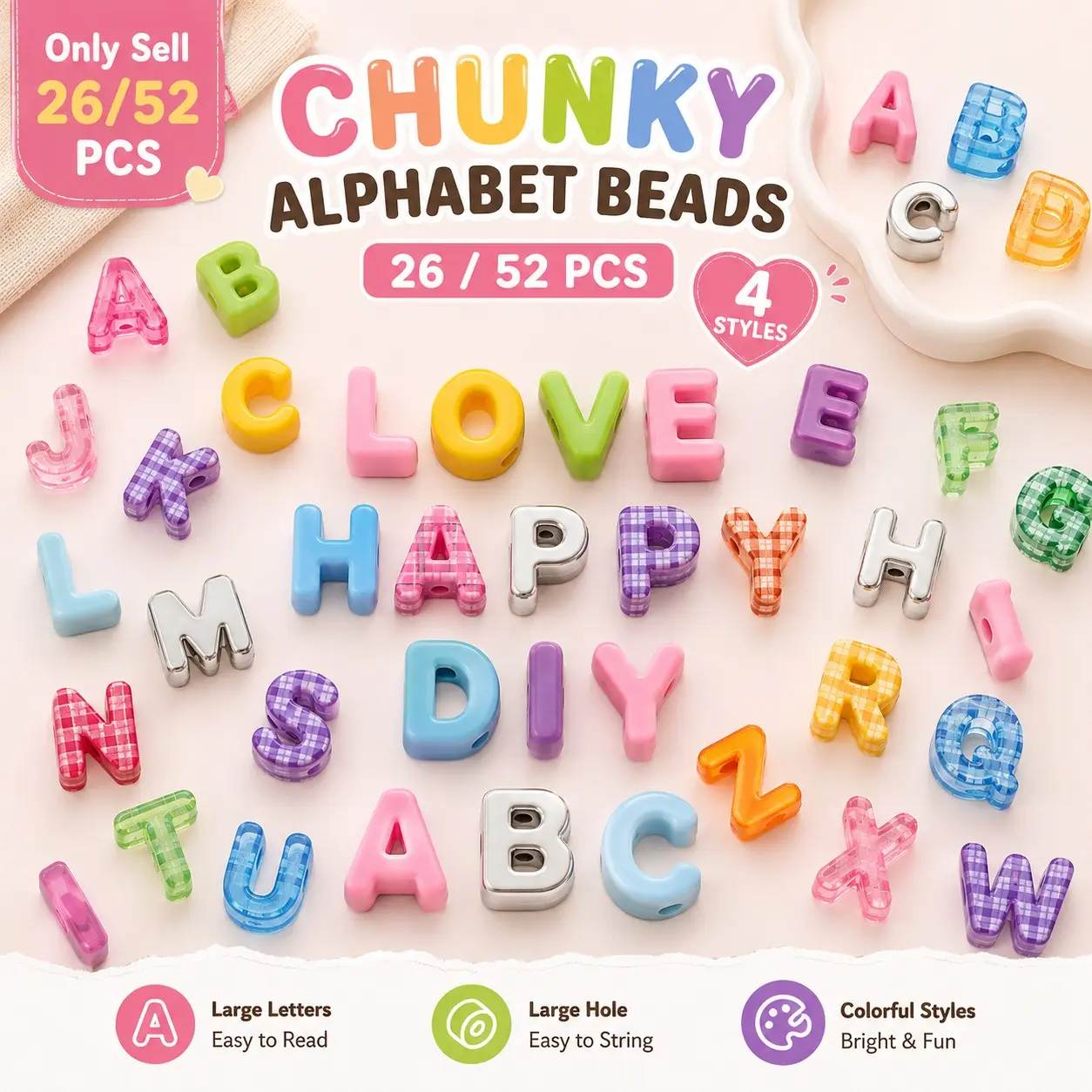26/52 Pcs Large Letter Beads, Chunky Bubble Alphabet Beads, Colorful Acrylic Large Hole Letter Charms With 6mm Horizontal Hole, Cute Candy Color Beading Supplies For DIY Bracelets, Keychains, Bag Charms, Necklaces And Jewelry Making Crafts