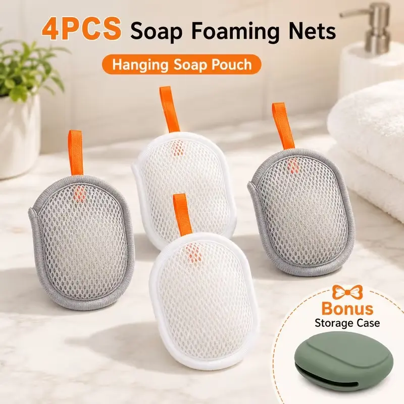 5pcs Soap Lather Net Set with Portable Storage Box, Hanging Soap Dispenser, Bathroom Soap Organizer, Free Carry Bag Included