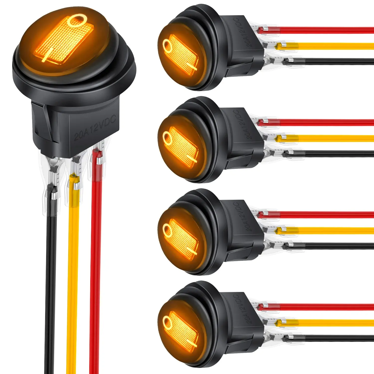 Nilight 5-Pcs Plastic On-Off LED Round Rocker Toggle Switch Set - 12V 20A Rating, IP65 Waterproof Rating, 3-Pin, Yellow LED, Silver-Plated Terminals, Outdoor Safe for Car, Marine Boat