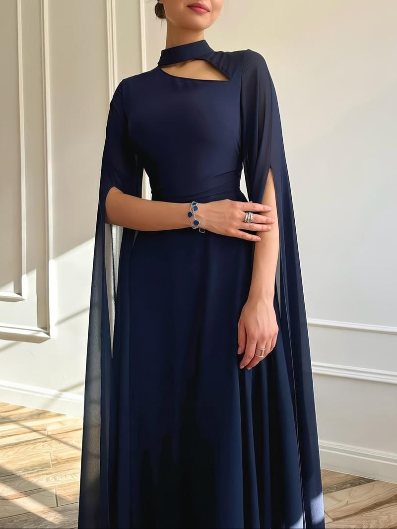 1pc Elegant Formal Evening Long Dress with Cape Sleeve, Wedding Guest Dress Women