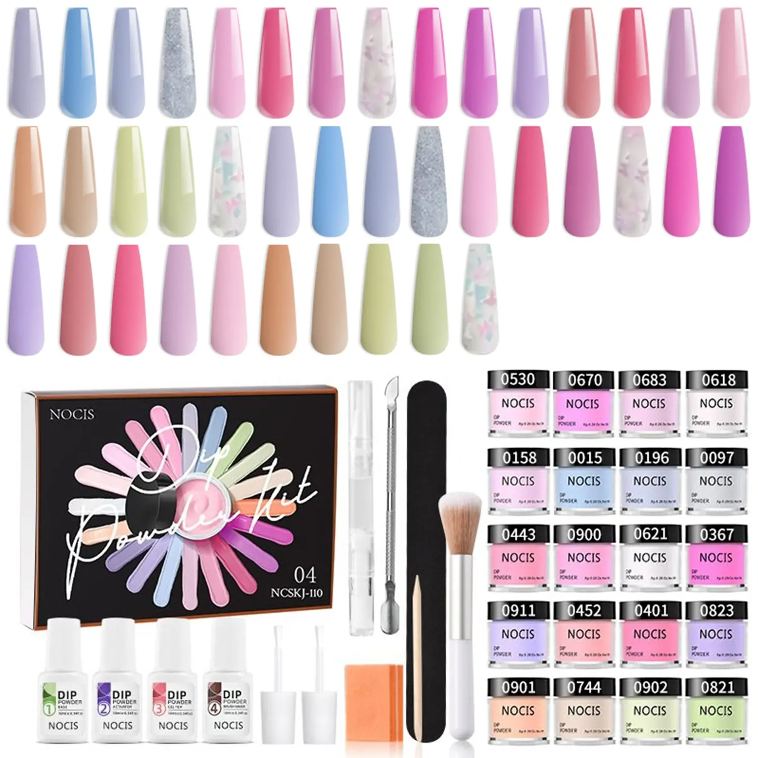Nocis 20+4 Nail Dip Powder Kit, Dreamy Macaron Color Series, Complete Home Manicure Set, Soft Lavender, Baby, Cream Apricot, Mint, Glitter Shades