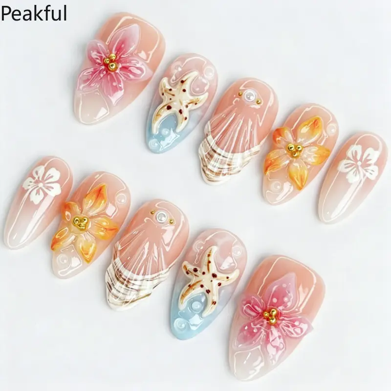 30pcs Summer Ocean Almond Press-On Nails, 3D Embossed Shell & Starfish Design with Glossy Finish, Cross-Border Hot Sale Handmade Fake Nails for Beach Vacations & Daily Chic