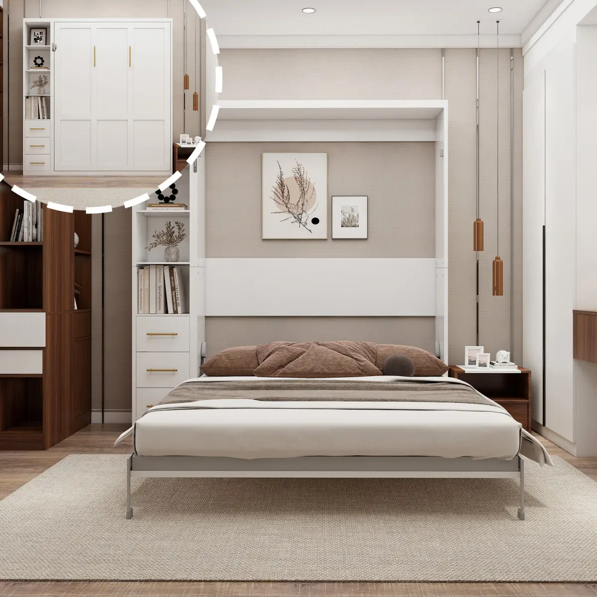 Space Saving Home Furniture Queen Size Murphy Wall Bed With Single Side Cabinet,Invisible Bed Frame with Automatic Bed Frame