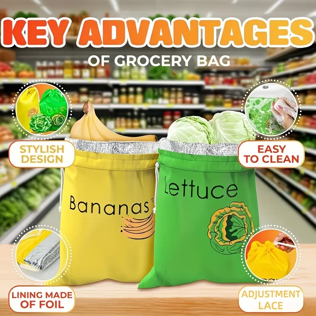 2pcs Reusable Banana Lettuce Fresh-Keeping Bags, 3-Layer Foil Lined Drawstring Produce Pouches, Breathable Washable Design For Refrigerator & Freezer, Slow Down Fruit Ripening Cut Down Food Waste Daily Kitchen Organizer