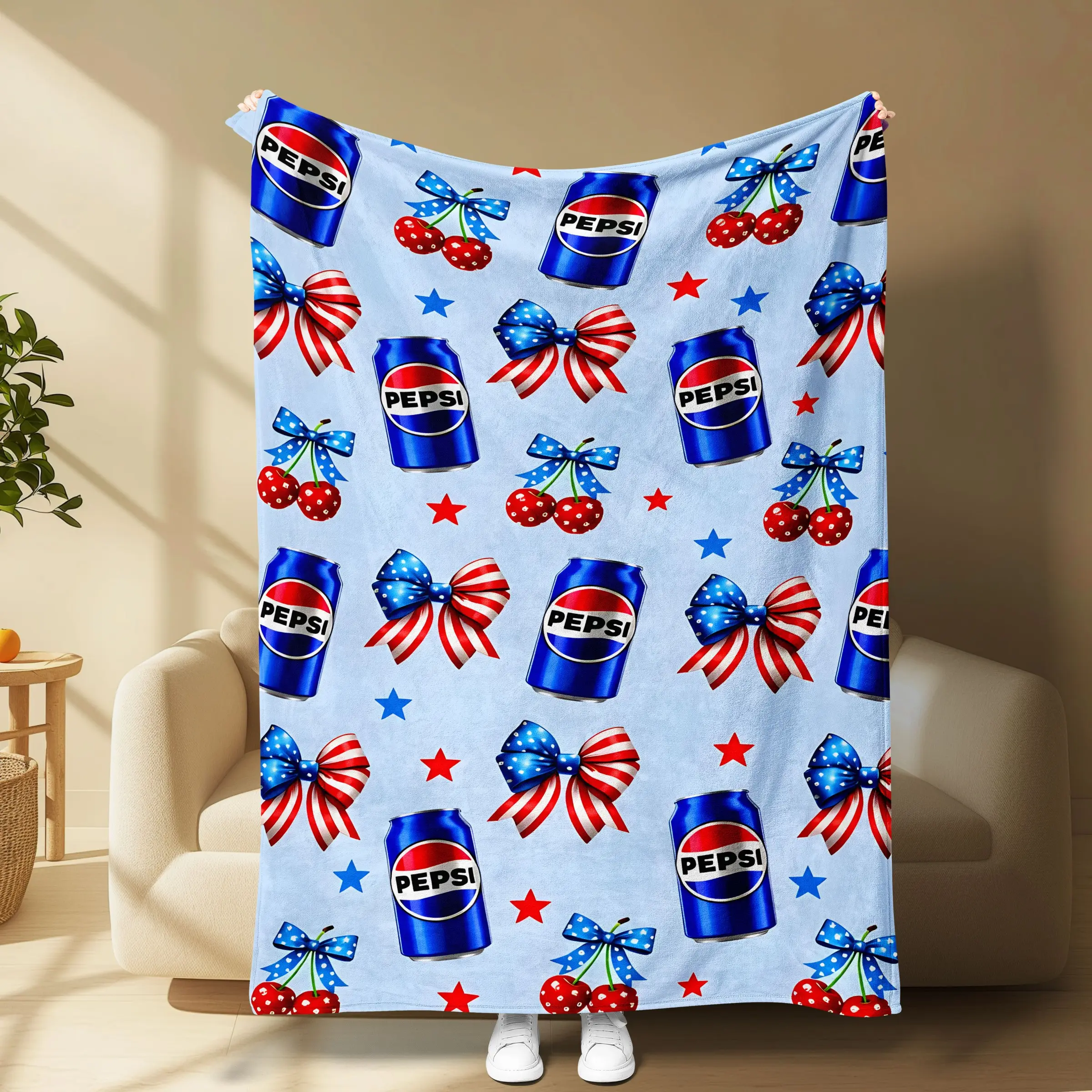 Pepsi Sweet Cool American Girl Exclusive Flannel Blanket, Light Blue Pepsi Can Pattern, Soft Flannel, Sofa Bed Office Use, Gift Idea