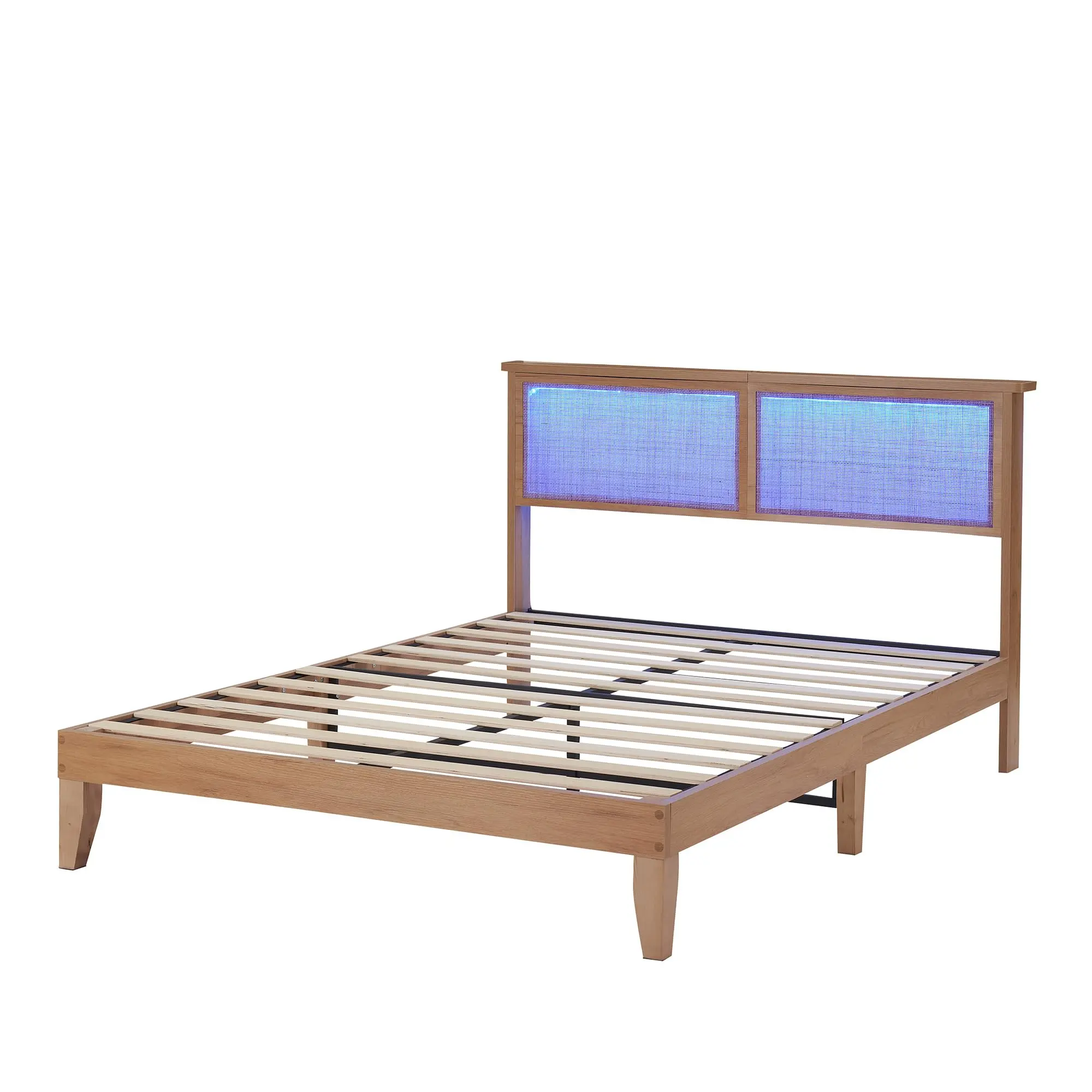 Garvee Rattan Bed Frame Full Size White Oak with LED Lighting & 8" Under-Bed Storage Sturdy Wooden Slats Noise-Free Platform Easy Assembly No Box Spring Required