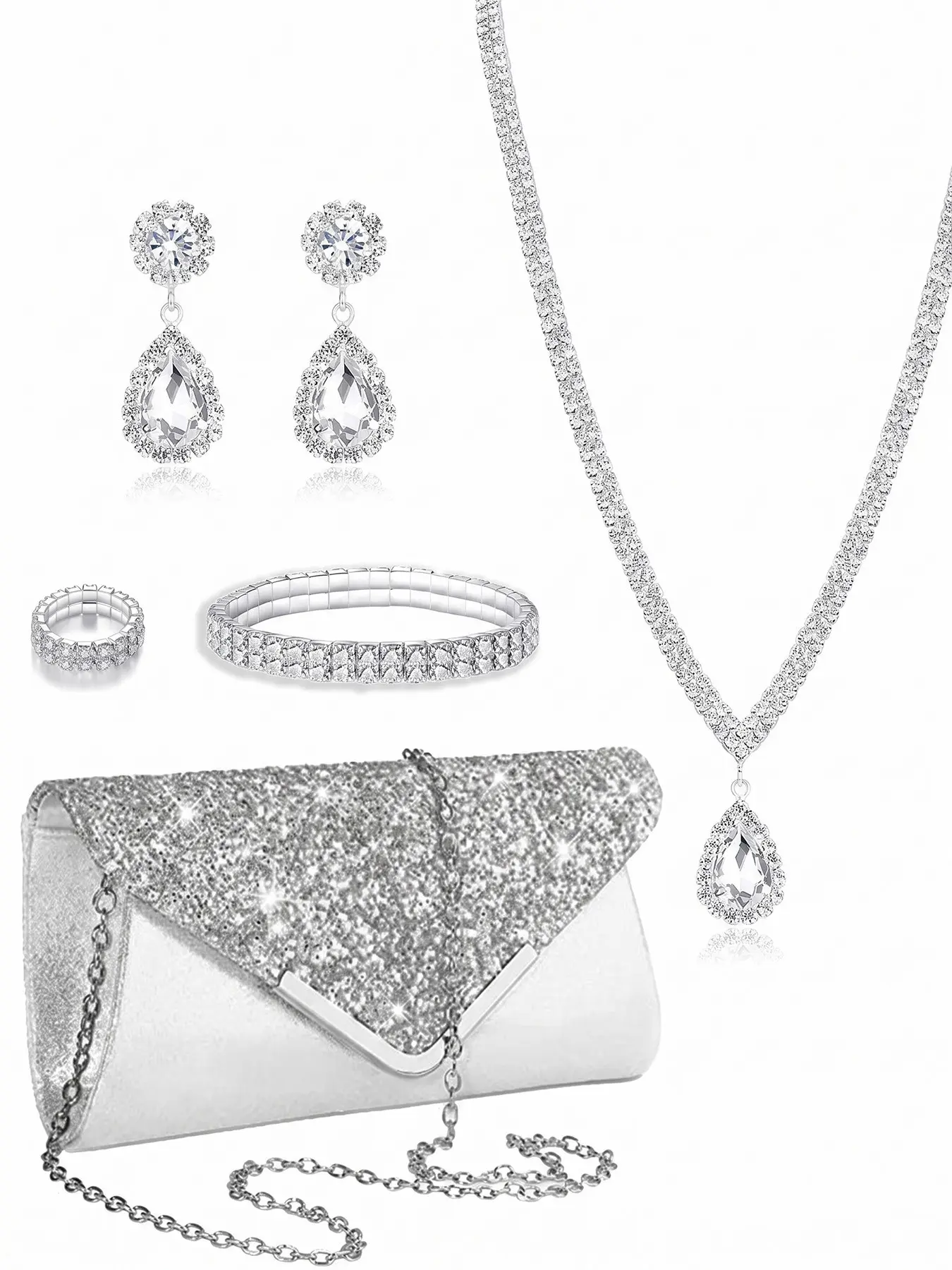 5Pcs Silver Glitter Clutch Bag Jewelry Set for Women, Double Row Rhinestone V Tennis Necklace Halo Teardrop Earrings Link Bracelet Band Ring Pack, Prom Wedding Guest Evening Purse Formal Party Matching Accessories
