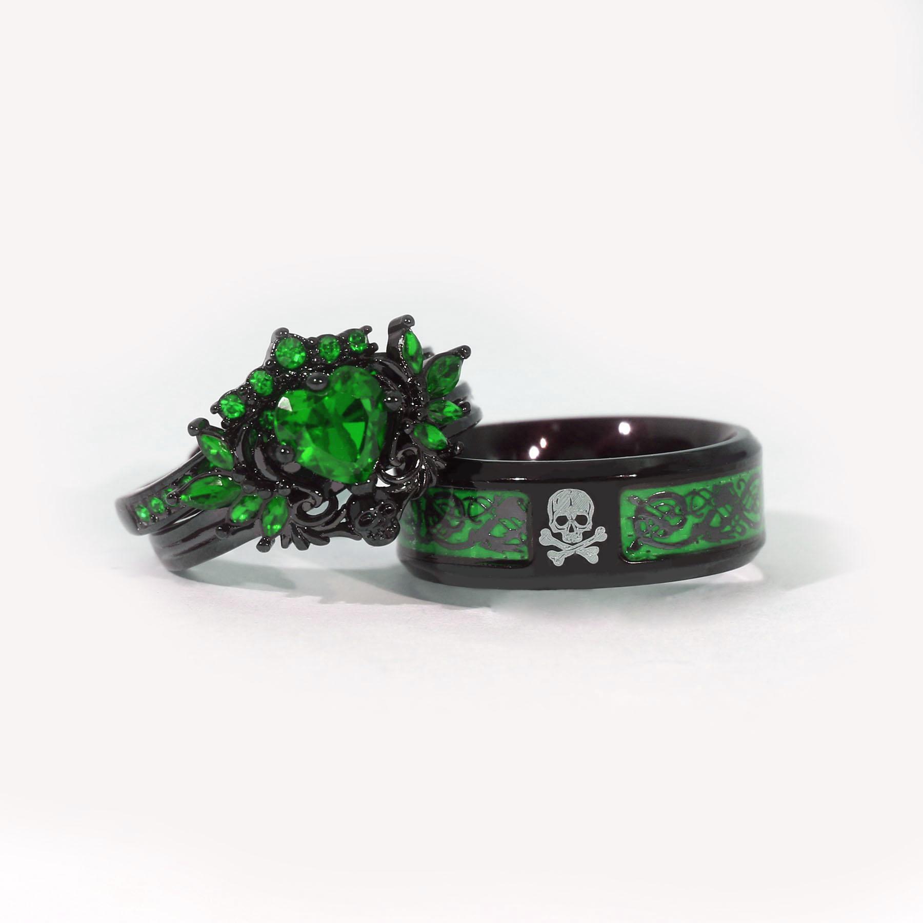 Lvrong Couple Rings Matching Rings Black Wings Skull Ring 1.5ct Heart Green CZ Womens Wedding Ring Sets Punk Ring Lvrong Couple Rings Matching Rings Black Wings Skull Ring 1.5ct Heart Green CZ Womens Wedding Ring Sets Punk Ring