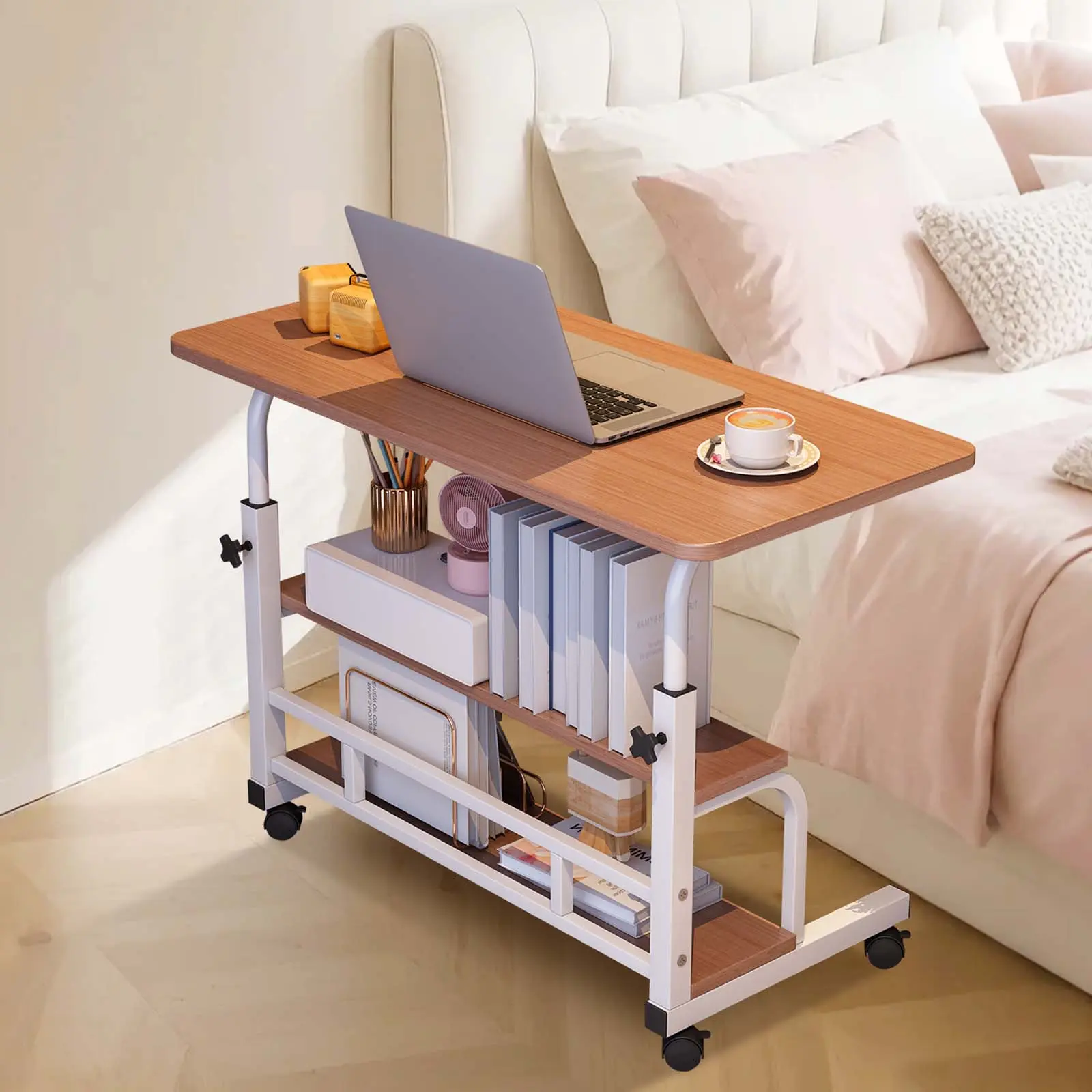 Adjustable Height Standing Desk – Rolling Laptop Table with Lockable Wheels, Ergonomic Compact Workstation with Storage Shelves for Home Office, Bed, Sofa, or Small Spaces – White/Walnut, Multiple Sizes