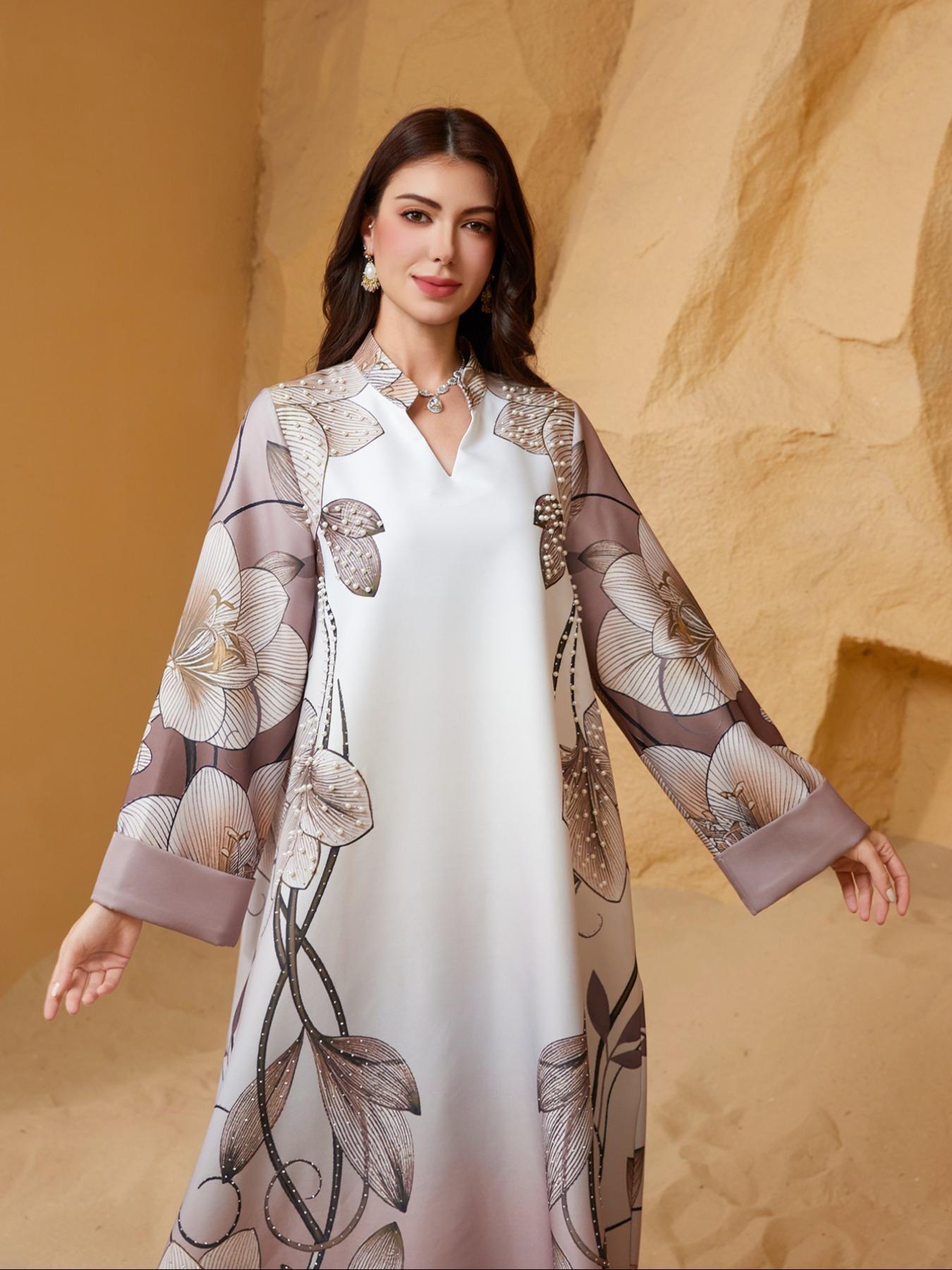 Women's Floral Pattern Long Dress, Floral Print Abaya, Elegant Modesty Long Sleeve Maxi Arabic Clothing, Ladies Islamic Clothing for Daily Wear