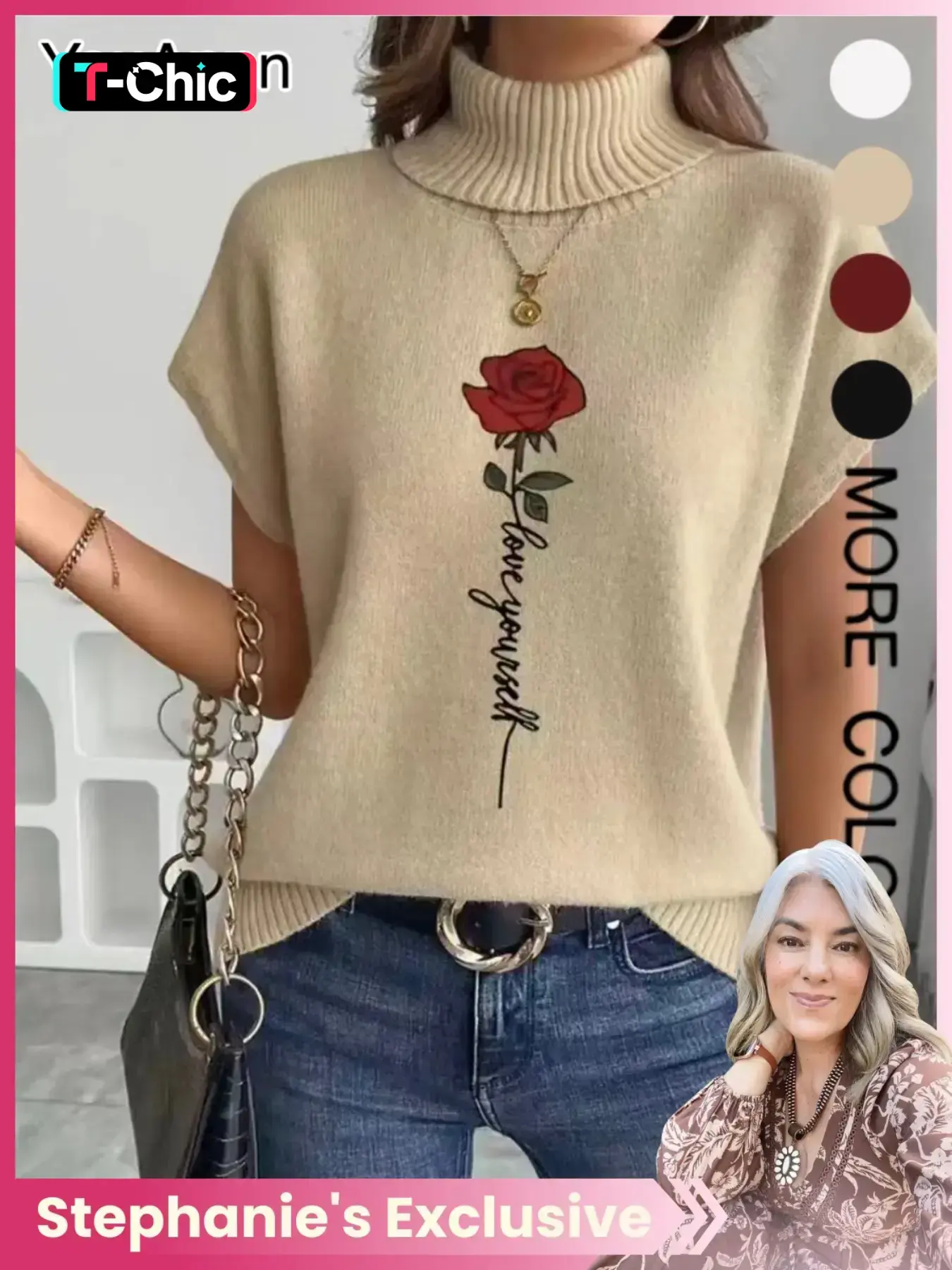 High Neck Sleeveless Loose Casual Fashion Knit Top, Unique Design Rose Flower Print, New, Elegant Vest for Valentine's Day, Style