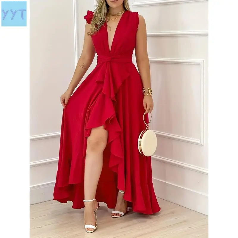 YYT1  Elegant Women's Waist Dress, Fashion Solid Slim Temperament Maxi Dress, Women's Clothing Elegant Dressing