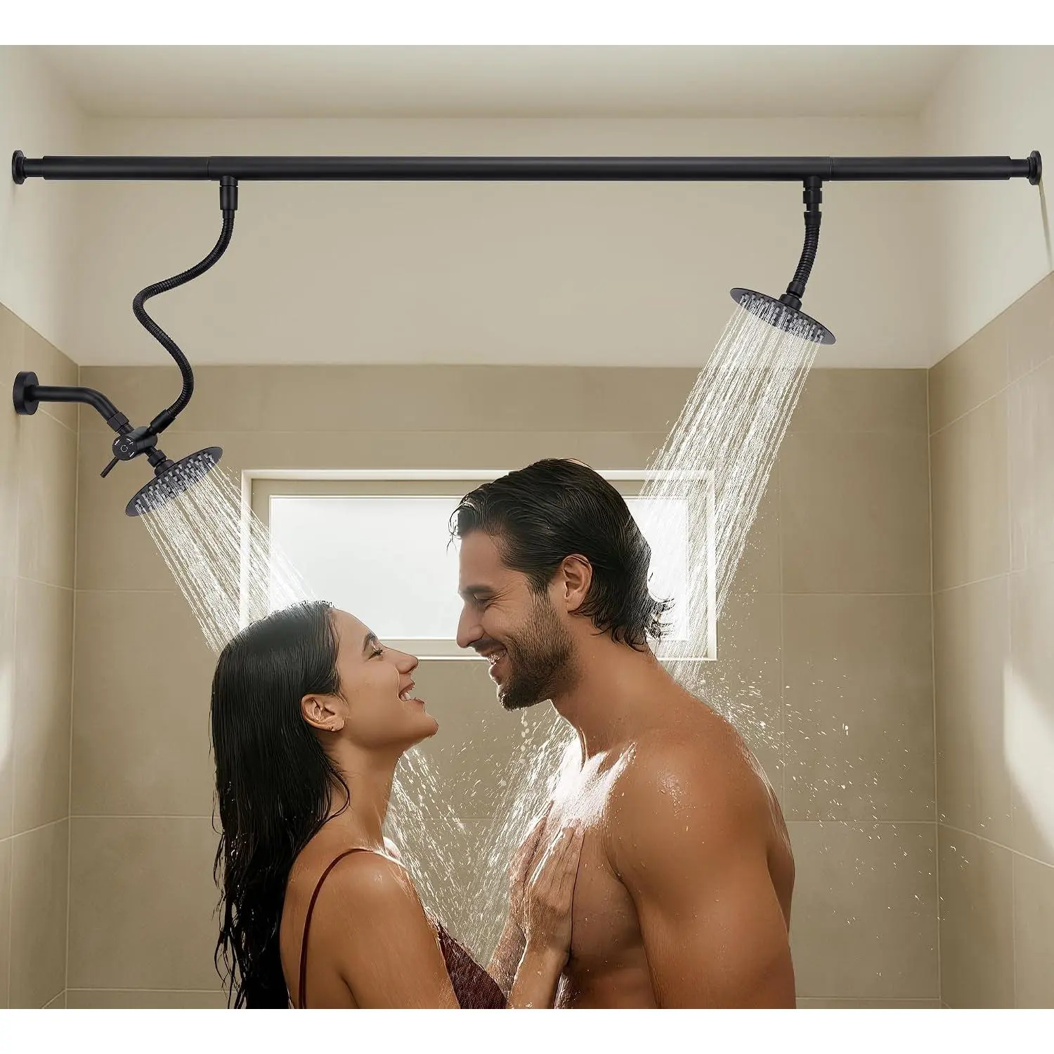 Metal  Shower  for Couples, High  Tandem Shower  System for Two People Rod, Double Stainless Steel Fixed Showerheads with 3-Setting Diverter, A Bathroom Upgrade (Matte Black)