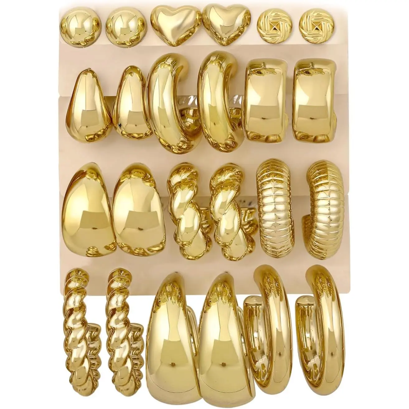 12 Pairs Chunky  Hoop Earrings for Women Trendy,  Plated Lightweight  Stack, Thick Open Twisted Huggie Hoops Earring Set