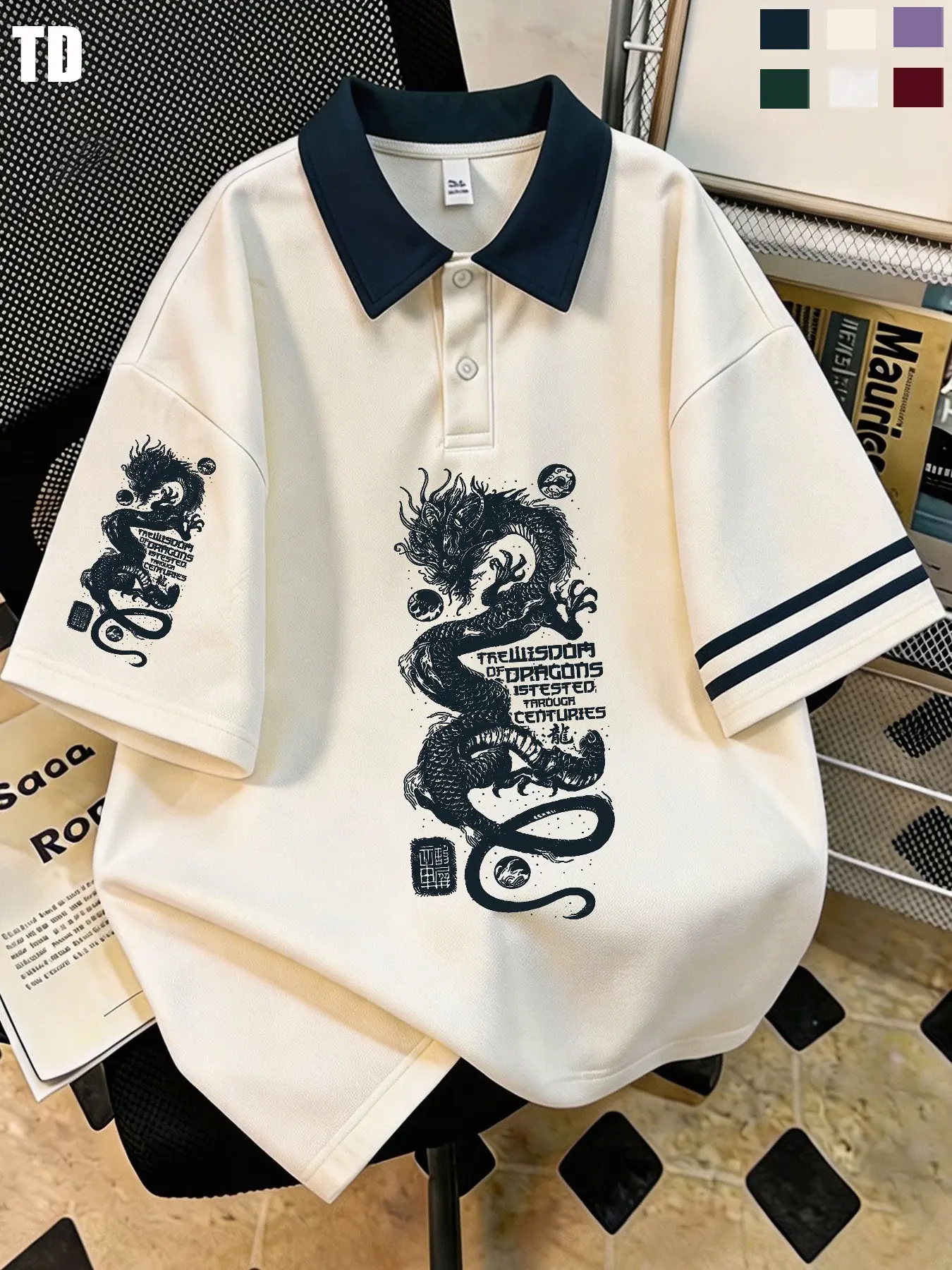 Td Casual Asian Traditional Blouse, Contrast Collar Polo, Retro Dragon Print, Breathable Loose Fit, Unisex Summer Top, Short Sleeve
