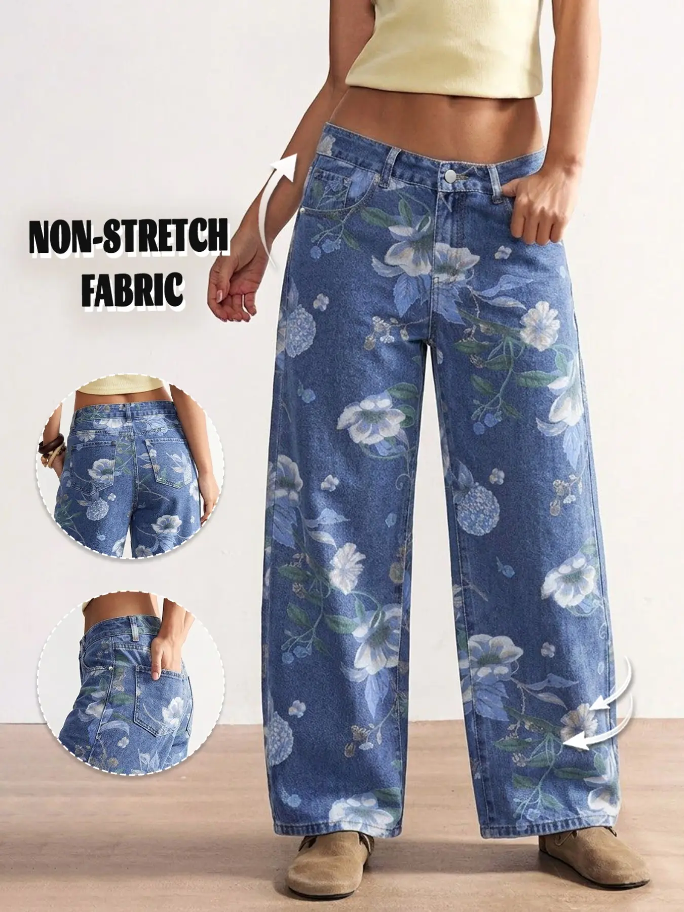 GILIPUR Mid-rise straight-leg denim trousers with floral print in blue, versatile stylish casual jeans for mature women's vacation outfits TChic