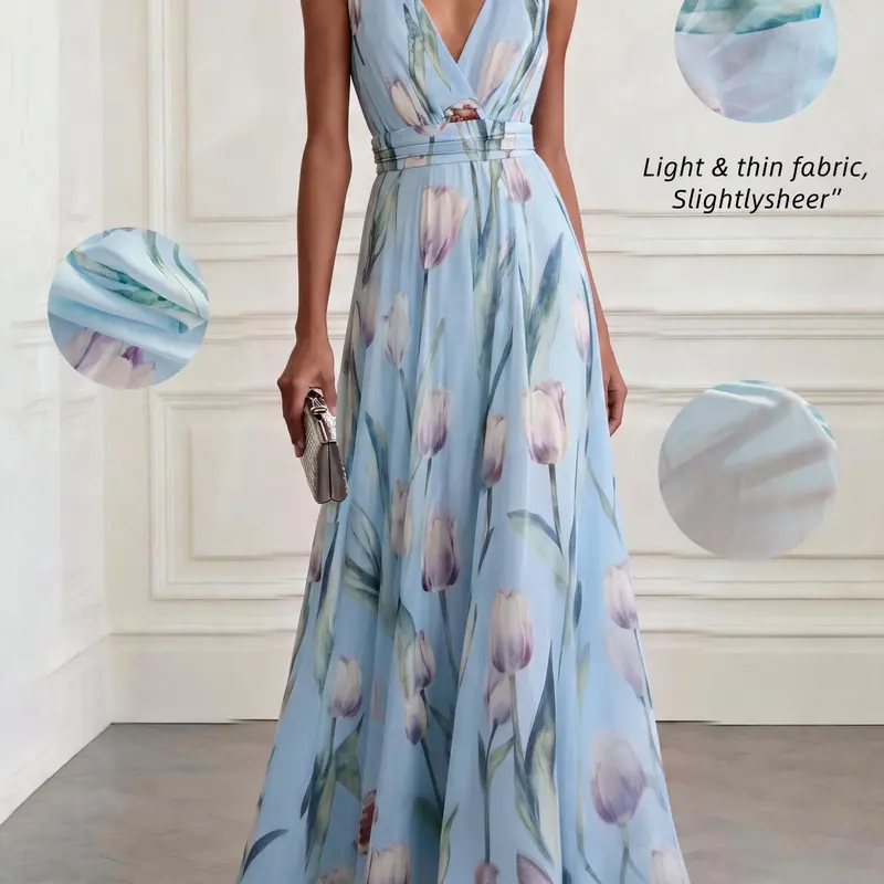 Floral Print Summer V-Neck Sleeveless A-Line Dress, Fashion Elegance Waist Cinching Flared Long Dress for Beach, Vacations, Parties and Art Exhibitions, Dresses For Party