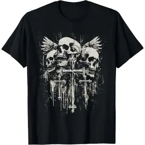 [100% Cotton]100% Cotton Unisex Skull Cross Y2K Goth Alt Grunge Gothic Emo Aesthetic T-Shirt