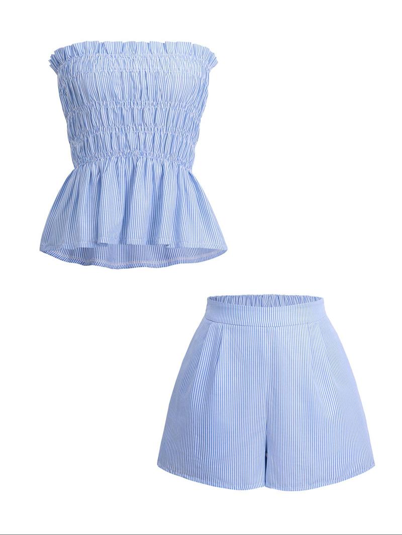 Two-piece Set Women's Striped Print Tube Top & Shorts Set, Casual Strapless Top & Shorts for Daily Wear, Ladies Clothes for Summer