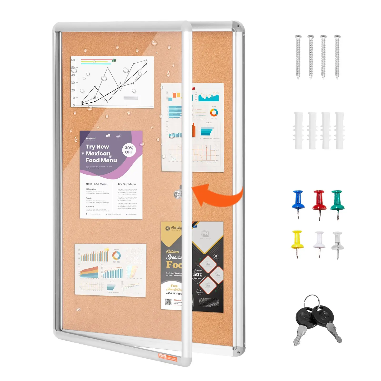 VEVOR 36x24in Enclosed Cork Board with Aluminum Enclosed Frame - Lockable Bulletin Board with Acrylic Door, 2 Keys - Weather-Resistant Horizontal Wall Display Case for School, All Ages, 36" X 24"