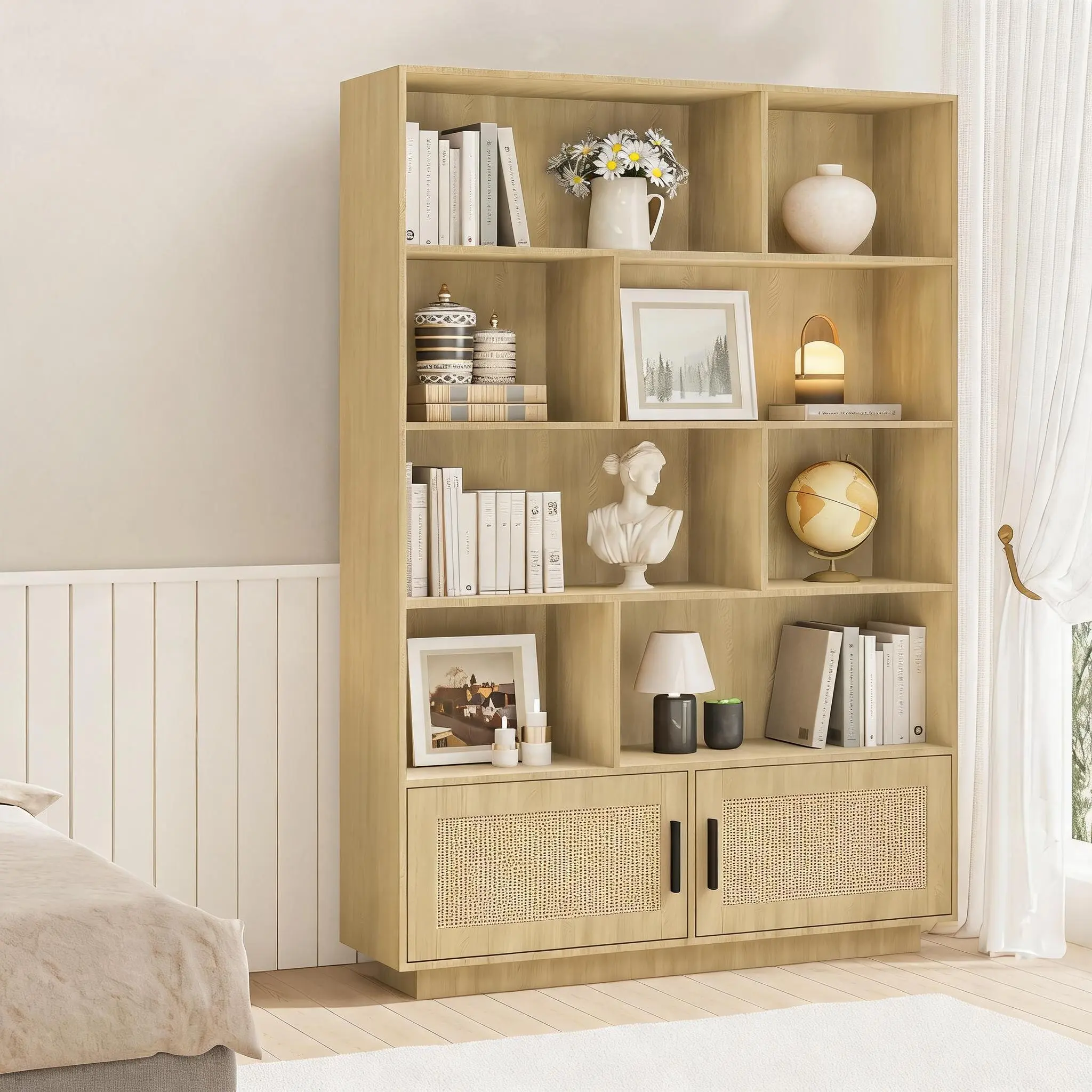 5 Tier Bookshelf Boho Rattan Wooden Storage Rack Tall Bookcase for Living Room Home Office Bedroom Modern Large Display Shelf Easy Assembly