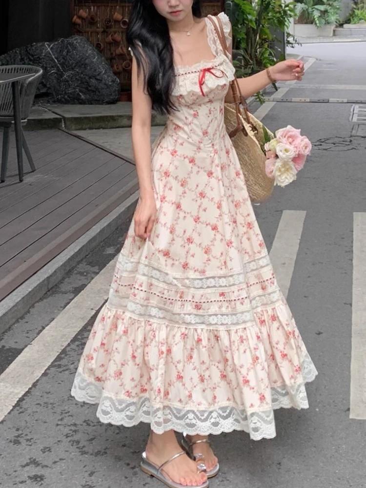 Y2k Summer French Elegant Floral Midi Dress Beach Style Korean Fashion Lace  Dress Evening Party Sexy Sleeveless Dress Woman Chic Casual Womenswear -  TikTok Shop