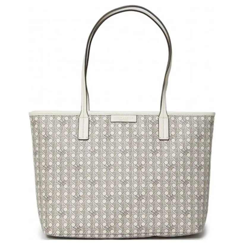 Tory Burch Monogram Vintage Print Coated Canvas Tote Bag for Women – Small Ivory White