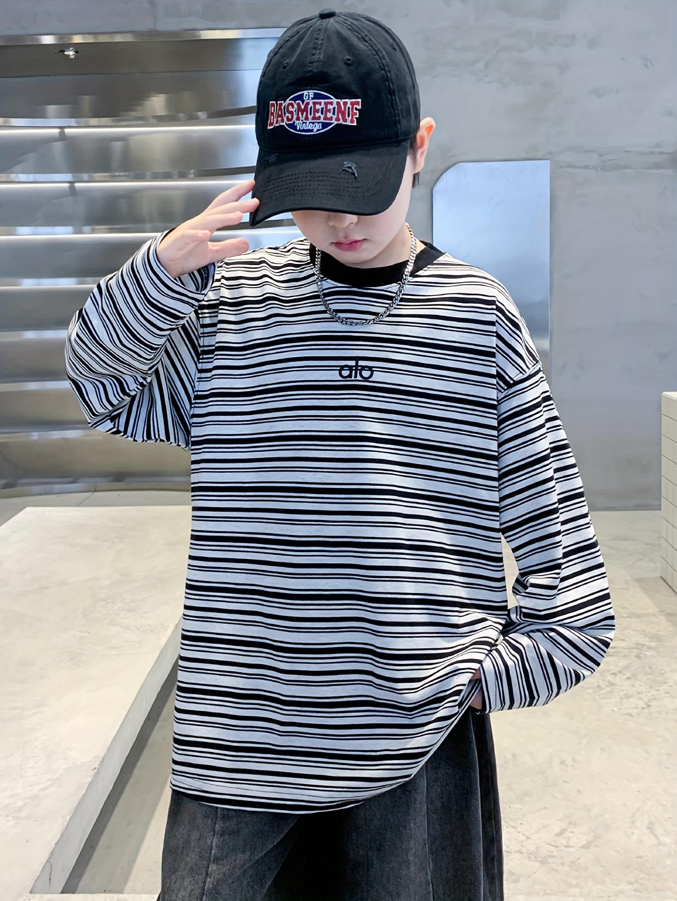 Boys' Oversized White & Black Striped Sweater Jacket - Long Sleeve Round Neck H-Line Tunic, Soft -like Stretch Fabric (No) for Spring/Fall Layering, Casual & Casual Attire - Easy-Care ' Sweater