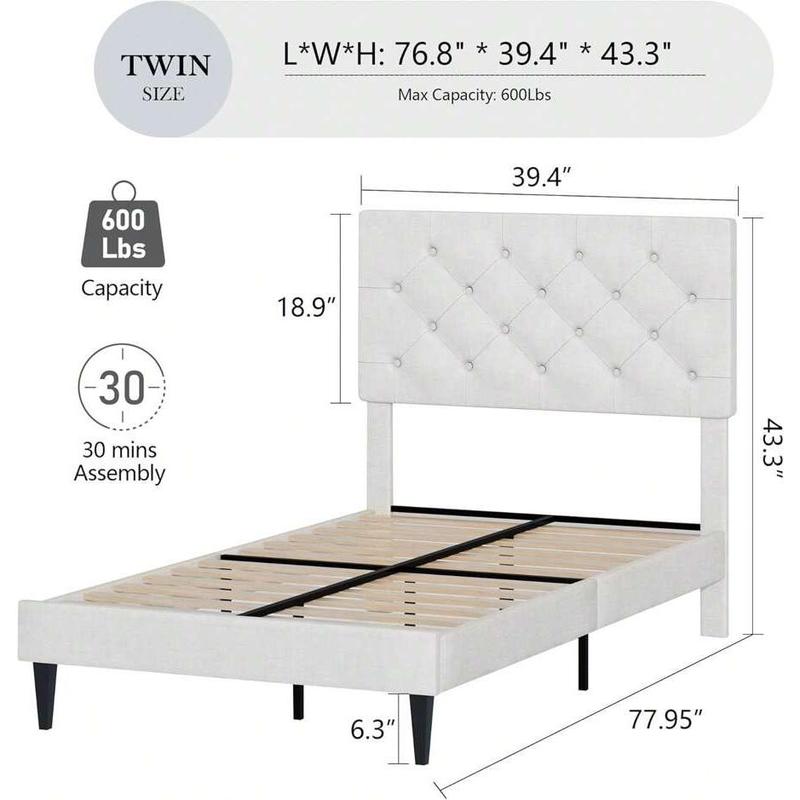 Linen Bed Frame with Button Tufted Headboard, Twin Full Queen  Sizes, No Box Spring Needed, Easy Assembly