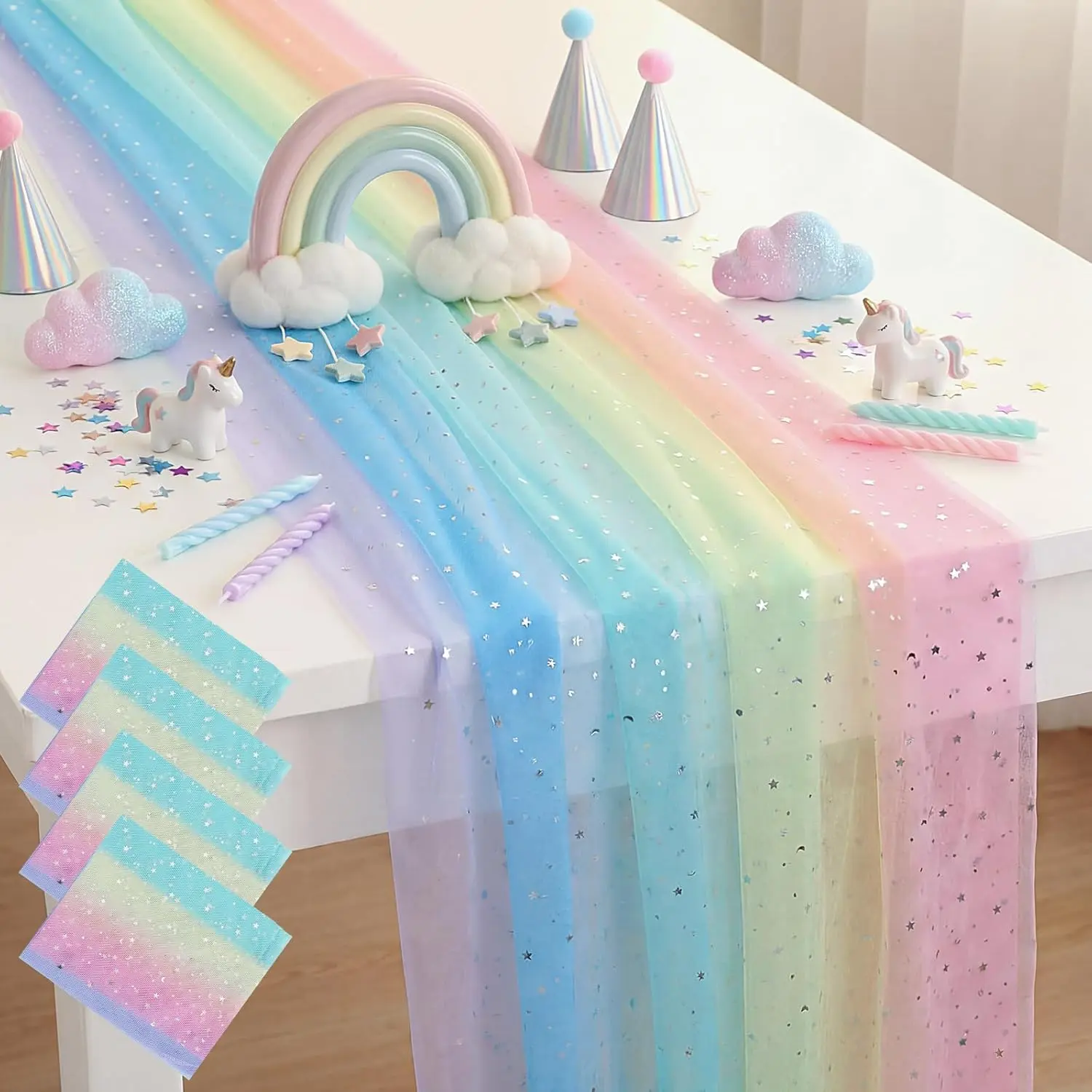 4 Pcs Rainbow Tulle Table Runner 29 x70 inch Colorful Lace Table Runner Pastel Iridescent Decor for Home Kitchen Garden Party Unicorn Birthday Baby Shower Wedding Bridal Shower Decor