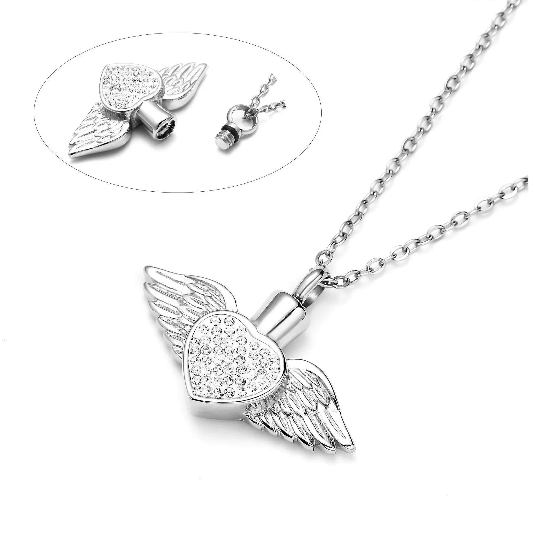 Stainless Steel Rhinestone Heart&Angel Wing Memorial Urn Necklace Pendant Women Keepsake jewelry for ashes cremation