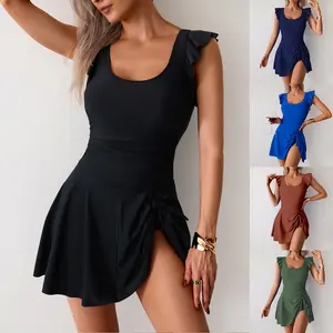 Women's one-piece swimsuit with skirt style, conservative plus-size swimwear wholesale, suitable for curvy figures