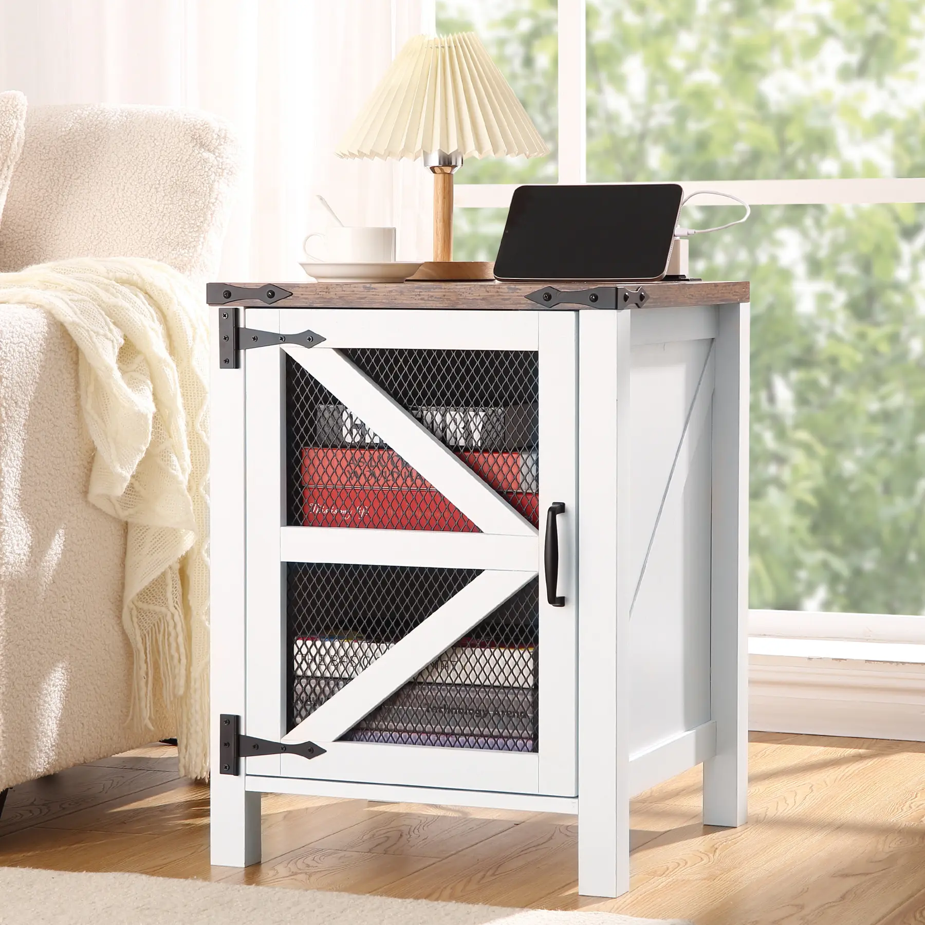 Farmhouse Nightstand with Built-in Charging Station, Rustic Wooden Side Table Featuring Barn Door, Storage Space & Adjustable Shelf for Bedroom and Living Room Use