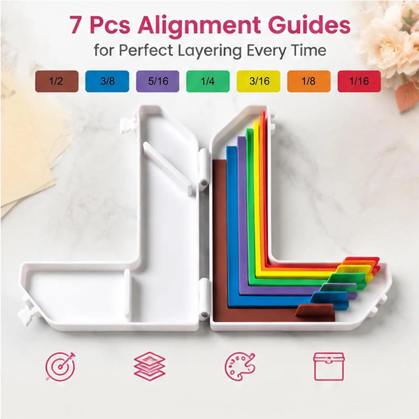 7 Pcs Paper Crafting Alignment Guides with Storage Case，Color-Coded Tools with Size Tabs,1/16 to 1/2 Inch Increments，Precision Layering & Matting Spacers for Card Making Scrapbooking DIY Projects